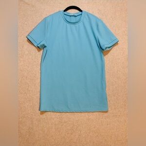 Bestshow Cyan Blue Ribbed Knit T-Shirt Slim Fit Textured Waffle Short Sleeve SzM